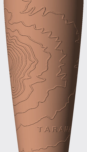 The contour lines of Taranaki Maunga seen from above, with the mountain's name on the front.