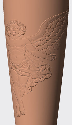 A carved angel with outspread wings gives this cover a striking, calm presence.