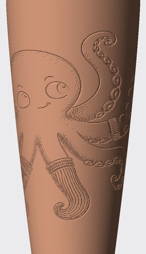 A cheerful octopus wearing odd socks on its tentacles, silly and easy to love.