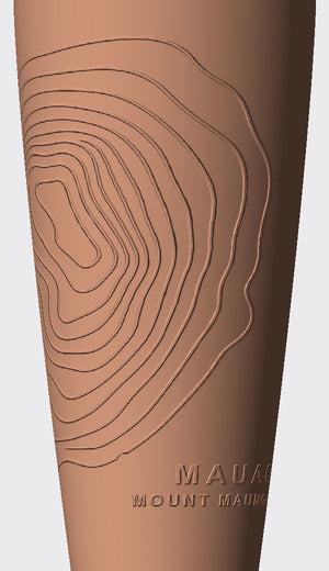 The contour lines of Mauao seen from above, with its names on the front.