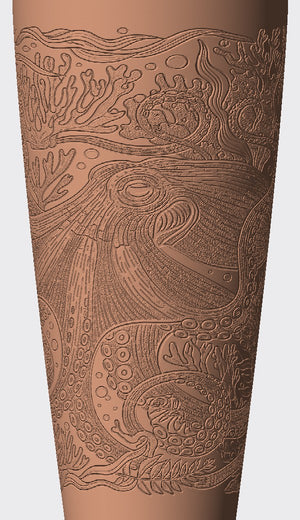 An octopus, curling tentacles and sea plants give this cover a detailed underwater character.