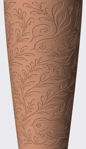 Fantail birds, leafy branches and curved forms give this cover a soft botanical rhythm.