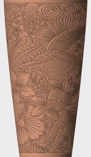 Tropical flowers, broad leaves and fine linework give this cover a lush, detailed look.
