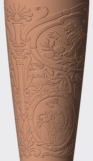 Lions, figures and scrollwork inspired by royal parade armour give this cover a richly carved look.