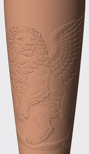 A carved winged lion in high relief gives this cover a striking, classical look.
